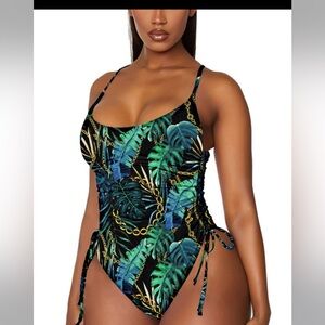 Viottiset Women's Turquoise Black Green Blue One Piece High Cut Swimsuit: Medium